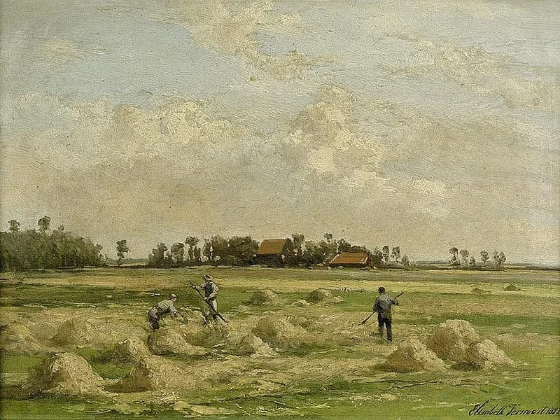 1836-Elisabeth Verwoert - Paesaggio estivo olandese con contadini intenti alla fienagione